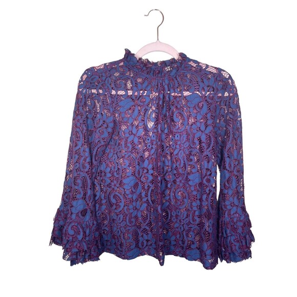 Willow & Clay Purple Navy High Neck All‎ Lace Shirt Ruffle Cuffs Size XSmall - Picture 2 of 13
